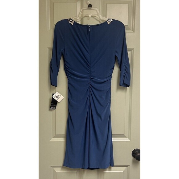 ADRIANNA PAPELL Beaded Shealth Dress Women 4 Blue Ruched 3/4 Sleeve Cocktail NEW - Picture 2 of 16